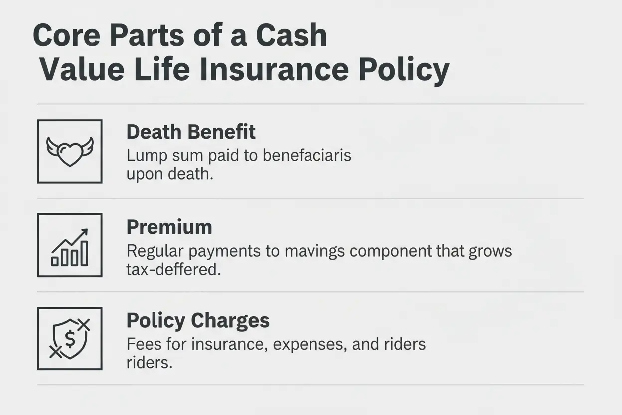 Infographic showing the four core parts of a cash value life insurance policy