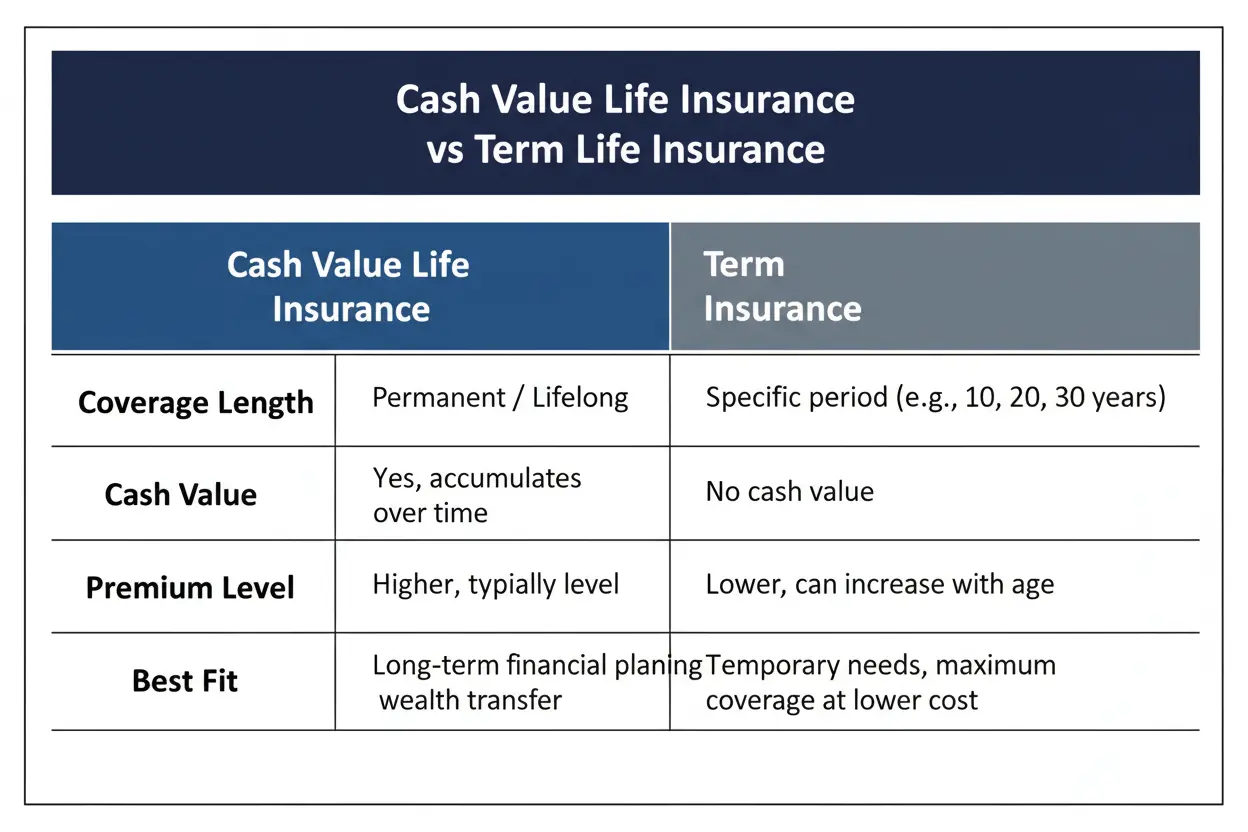 Comparison table of cash value life insurance versus term life insurance across key features