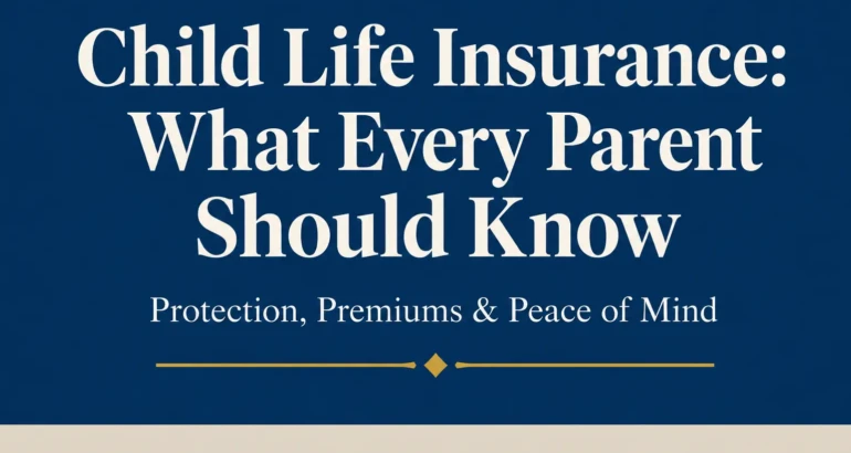 Text-based editorial poster titled Child Life Insurance What Every Parent Should Know on a navy blue background