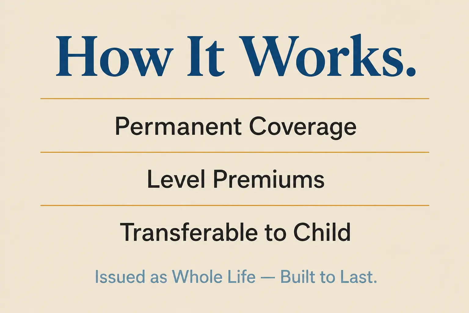 Text infographic explaining how child life insurance works with permanent coverage level premiums and transferability