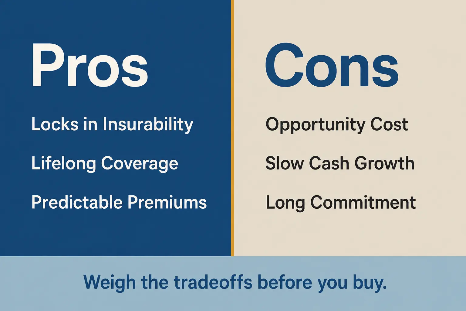 Split panel text card comparing pros and cons of child life insurance including insurability premiums and opportunity cost
