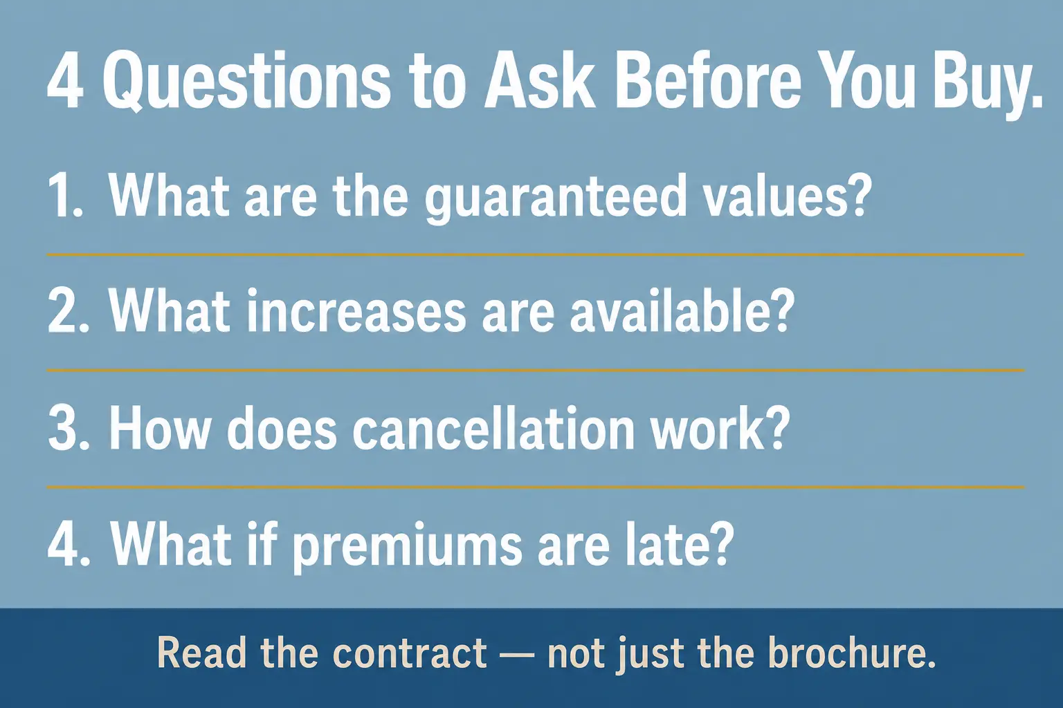 Text checklist card listing four key questions to ask before buying child life insurance including guarantees cancellation and late premiums