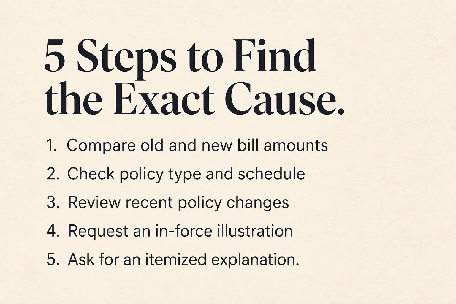Text-based checklist graphic showing 5 steps to identify the cause of a life insurance premium increase