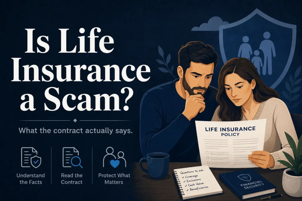 Is life insurance a scam — bold editorial text on dark background