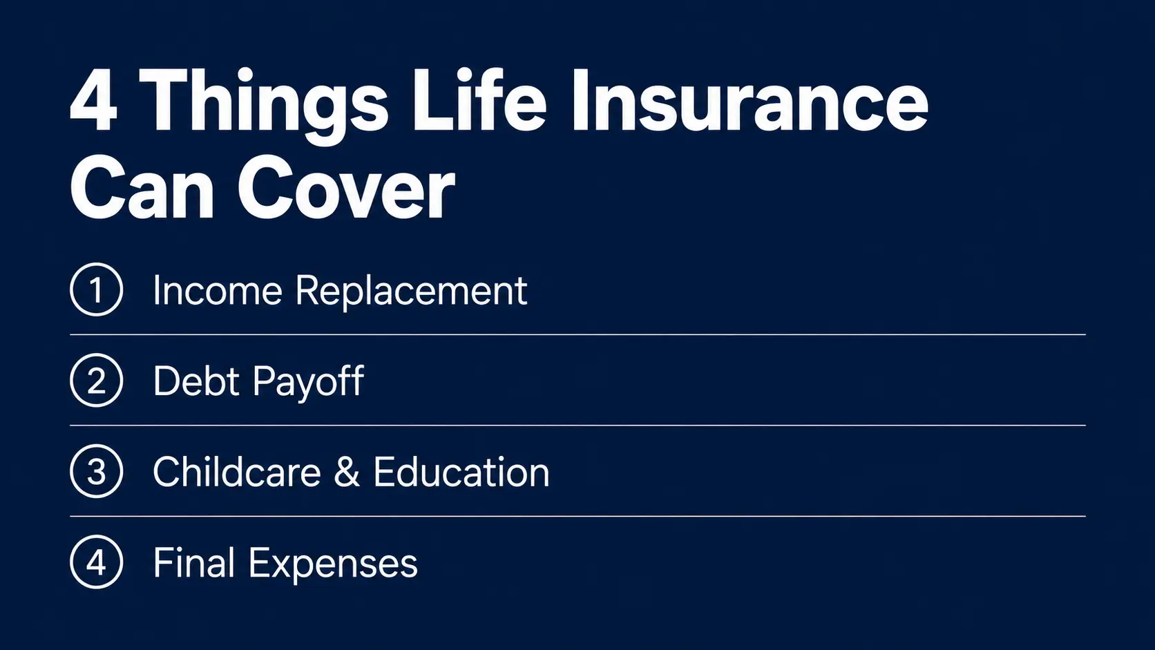Four key areas life insurance covers for new parents: income replacement, debt payoff, childcare, and final expenses