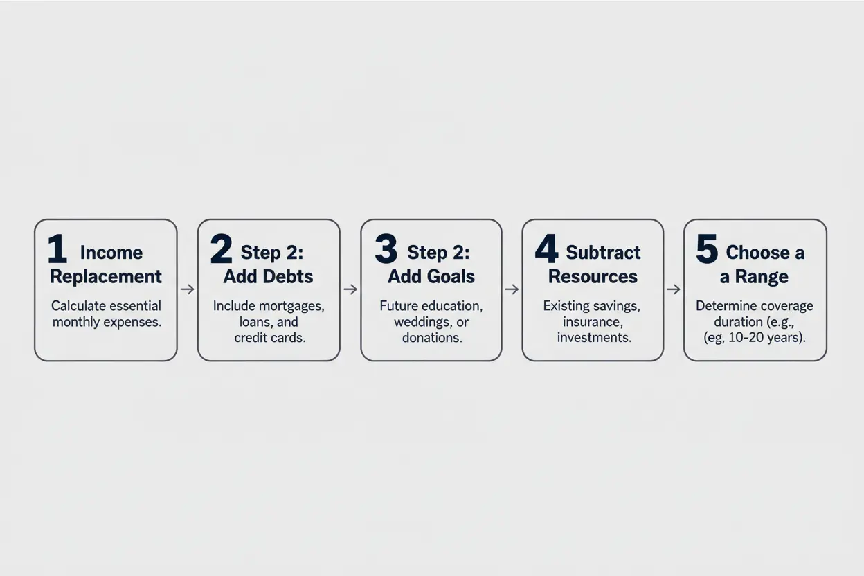 Step-by-step text graphic showing five steps to calculate life insurance coverage amount