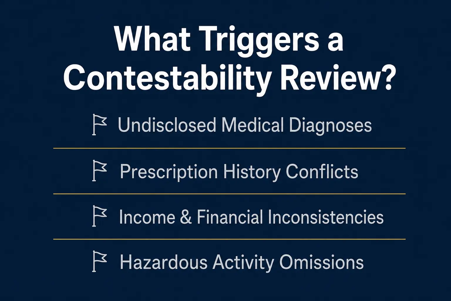 Text graphic listing four common triggers for a life insurance contestability review after a claim is filed