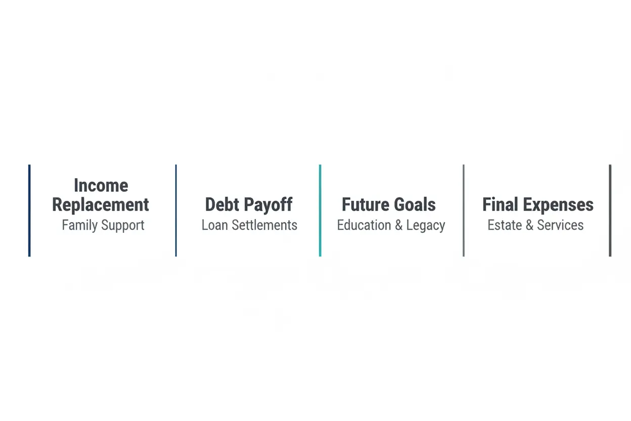 Text-based infographic listing four life insurance coverage categories: income replacement, debt payoff, future goals, and final expenses
