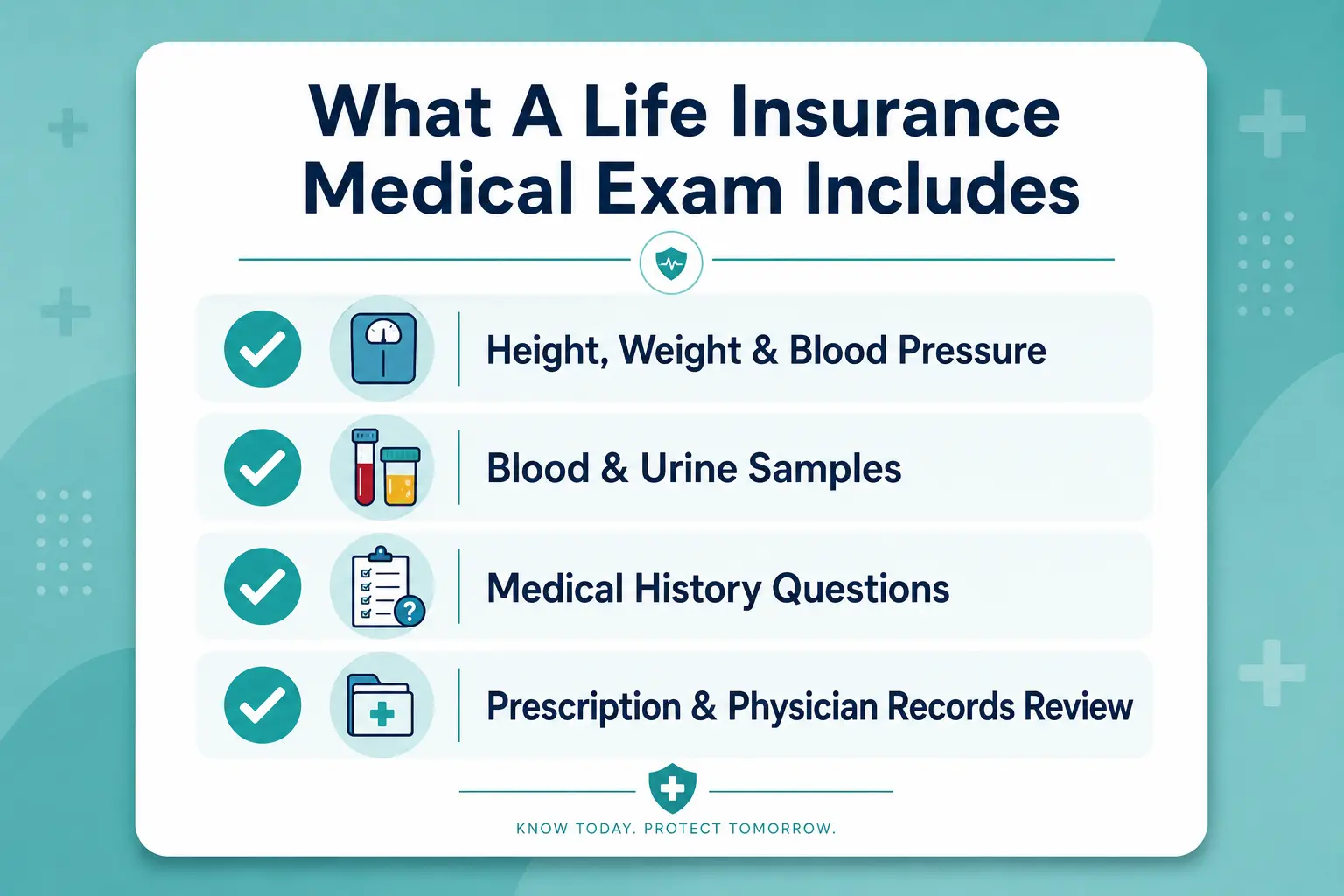 Infographic explaining what a life insurance medical exam includes, with four checklist items: height, weight and blood pressure, blood and urine samples, medical history questions, and prescription and physician records review.