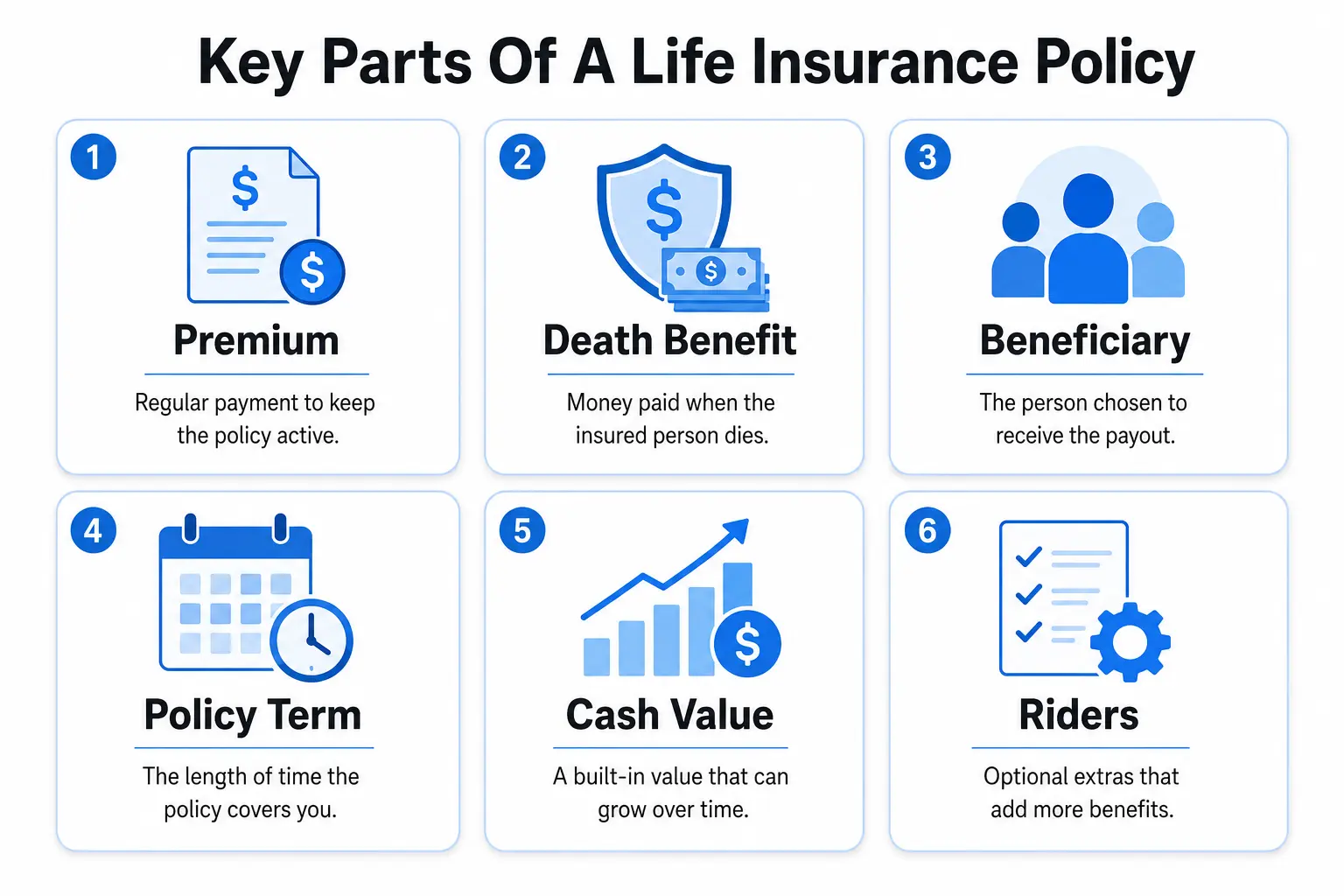 Infographic showing the key parts of a life insurance policy, including premium, death benefit, beneficiary, policy term, cash value, and riders, with simple blue icons and short definitions.