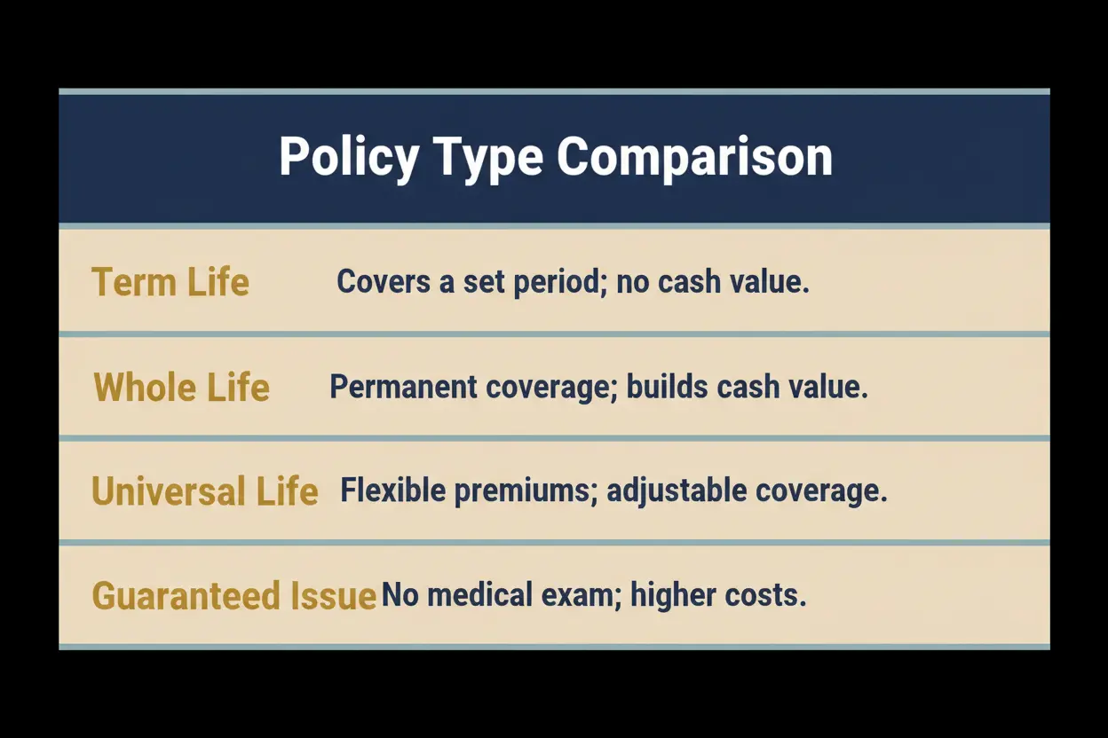 Side-by-side comparison of term life, whole life, universal life, and guaranteed issue insurance policy types for people over 50