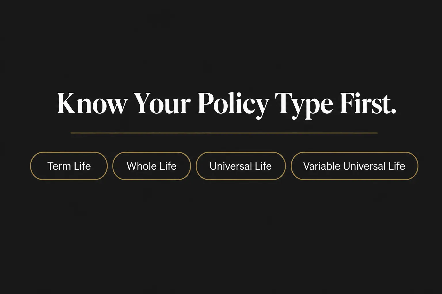 Text graphic listing four life insurance policy types: Term Life, Whole Life, Universal Life, and Variable Universal Life