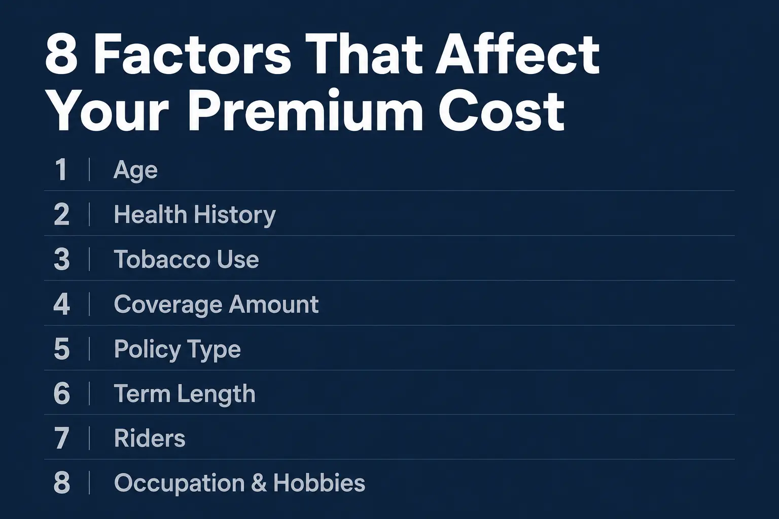 Eight key factors that affect life insurance premium cost including age, health, tobacco use, and policy type