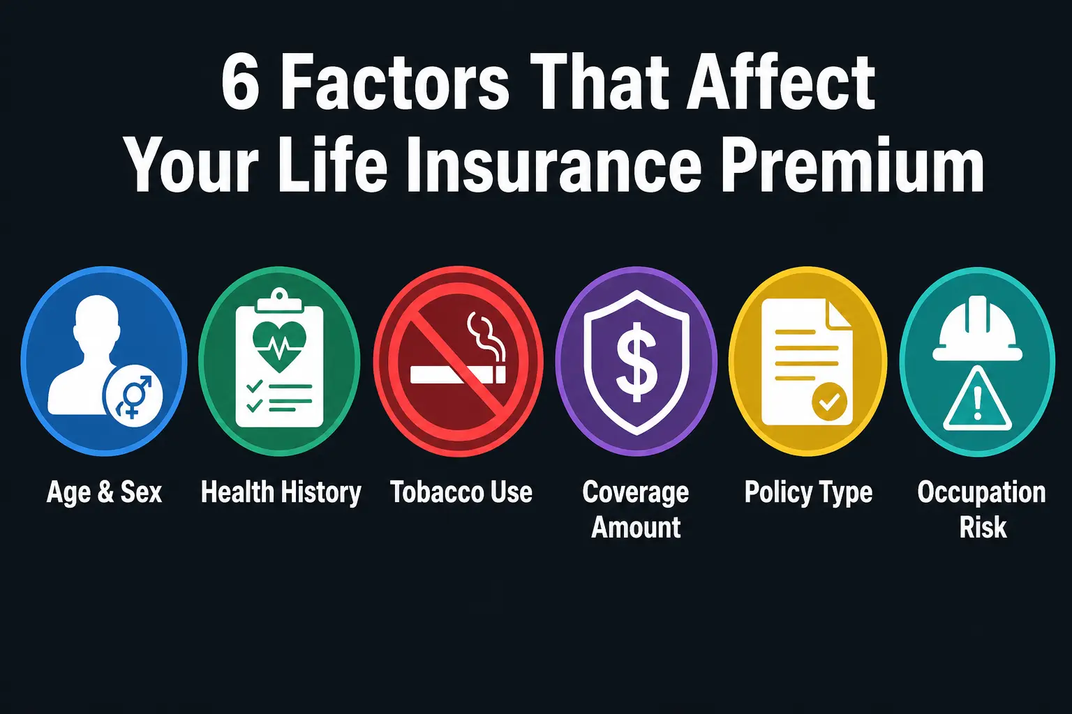 Infographic showing six factors that affect your life insurance premium: age and sex, health history, tobacco use, coverage amount, policy type, and occupation risk, represented with colorful circular icons on a dark background.