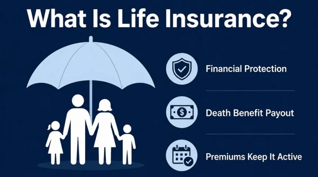 Infographic explaining what life insurance is, showing financial protection, death benefit payout, and premiums