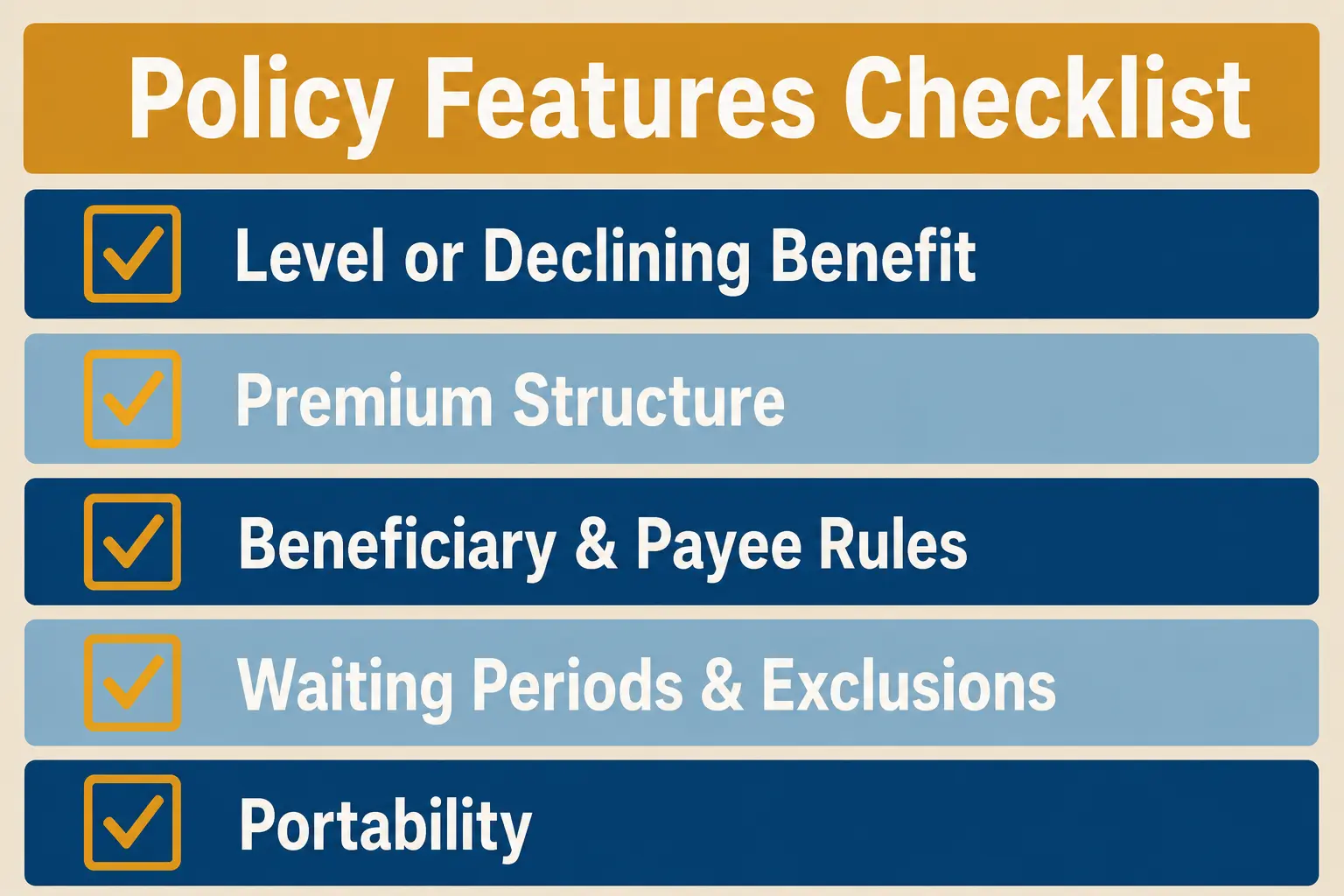 Checklist of key policy features to review before buying mortgage protection life insurance