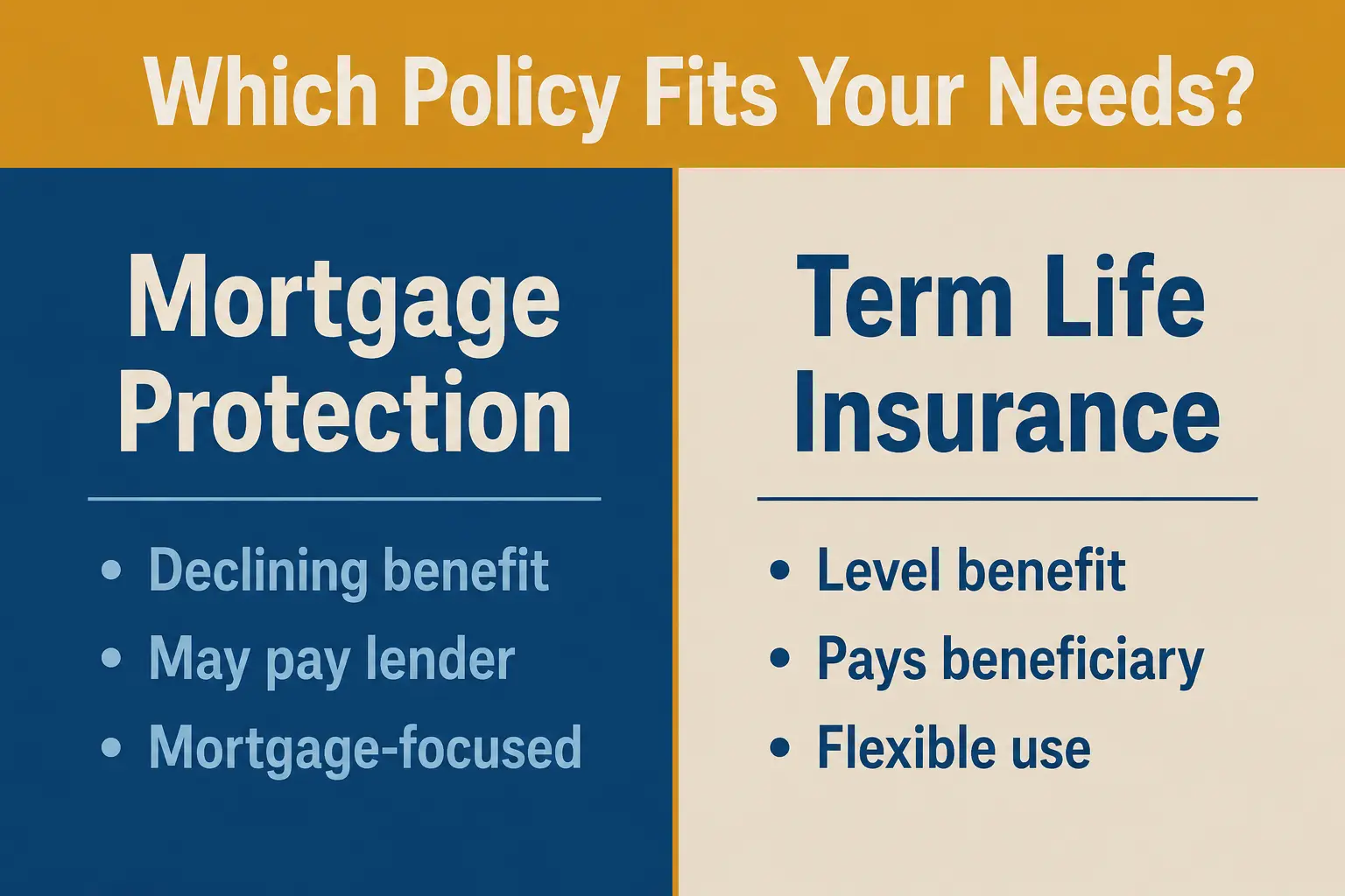 Side-by-side comparison of mortgage protection life insurance versus term life insurance