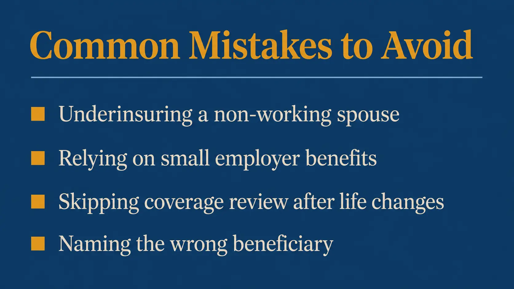 Text checklist graphic listing four common mistakes to avoid when buying spouse life insurance