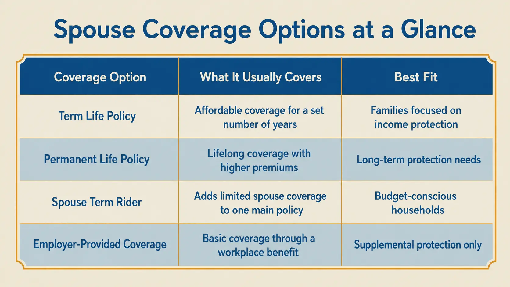 Comparison table of spouse life insurance options including term life, permanent life, spouse rider, and employer coverage