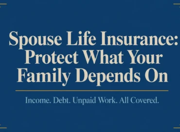 Spouse life insurance guide cover graphic with headline text on St Tropaz blue background