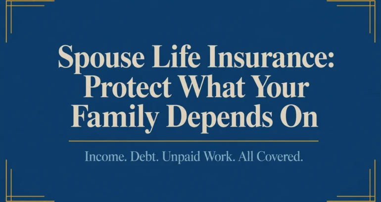 Spouse life insurance guide cover graphic with headline text on St Tropaz blue background