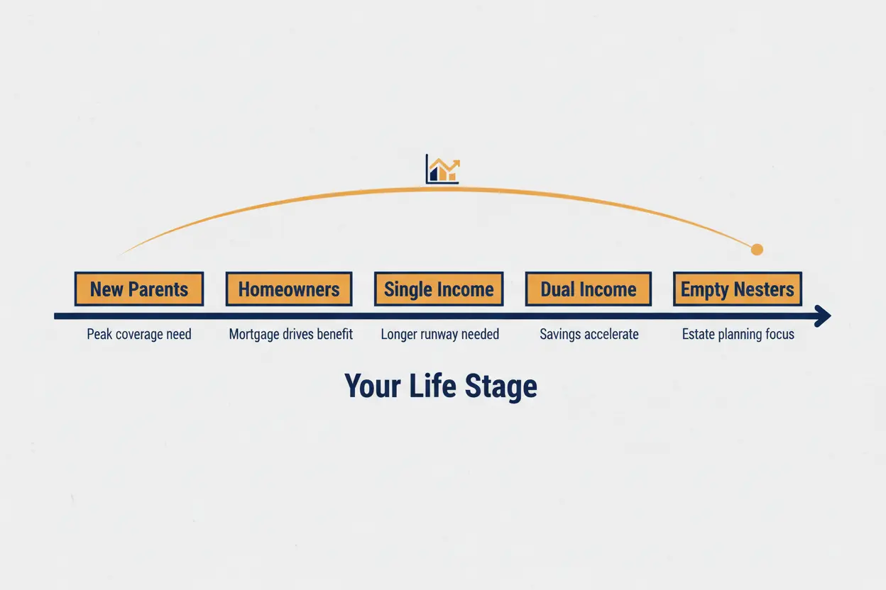 Term life insurance coverage needs by life stage — new parents to empty nesters
