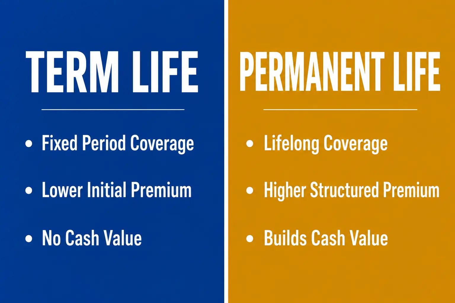 Side by side comparison of term life insurance and permanent life insurance key features
