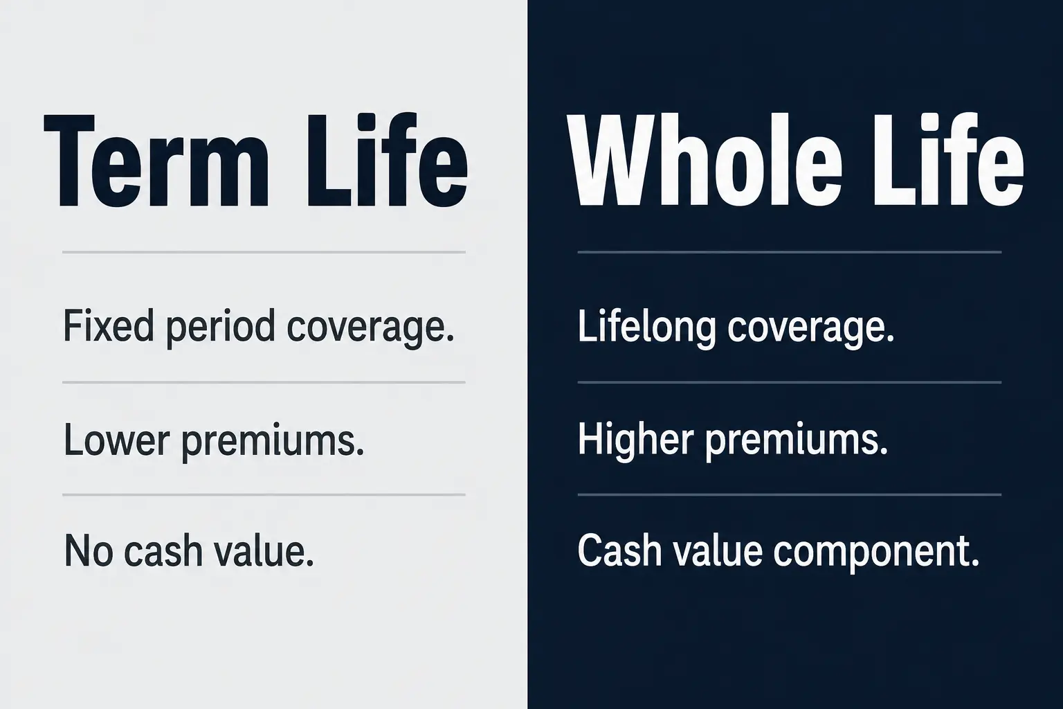 Term life vs whole life insurance comparison text graphic showing key differences