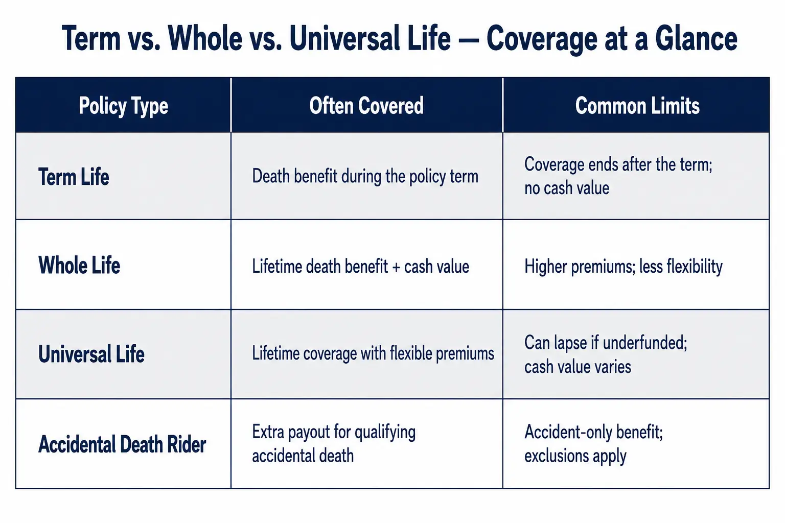 Comparison table of term life, whole life, universal life, and accidental death rider coverage and common limits