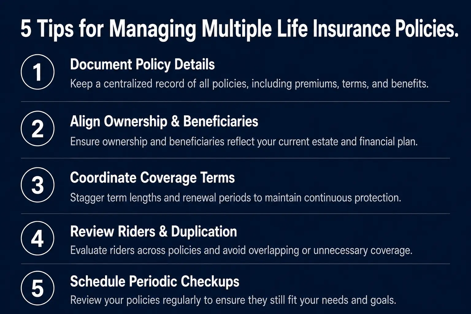 Five tips for managing multiple life insurance policies including beneficiary updates and periodic reviews