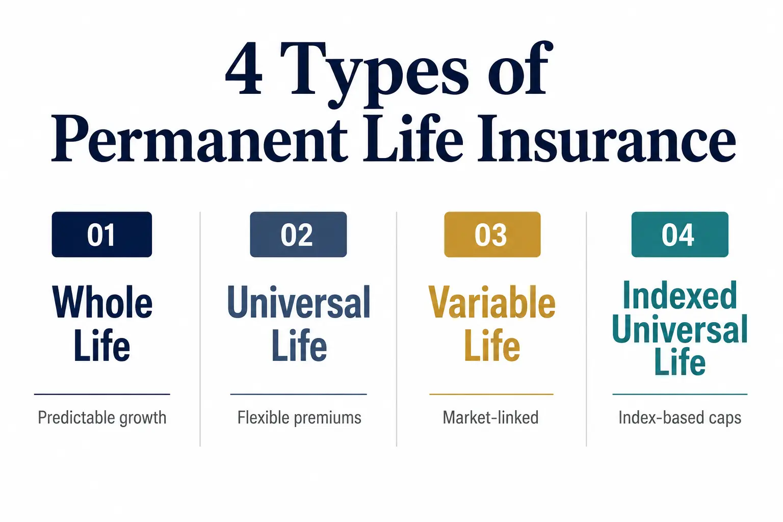 Four types of permanent life insurance – whole life, universal life, variable life, and indexed universal life