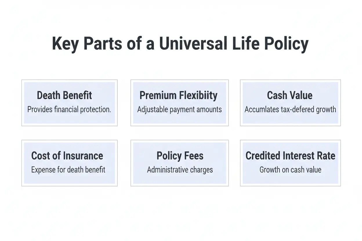 Key parts of a universal life insurance policy including death benefit, cash value, and cost of insurance