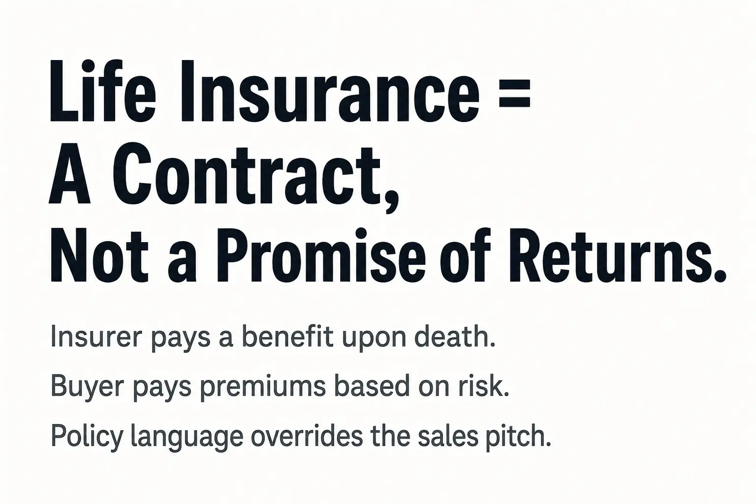 Text graphic explaining what life insurance actually is — contract, premiums, and death benefit
